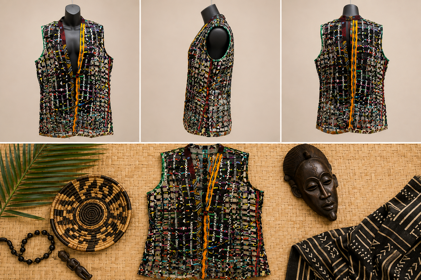 Women’s African Patchwork Open-Front Vest – Multicolor Statement Layer
