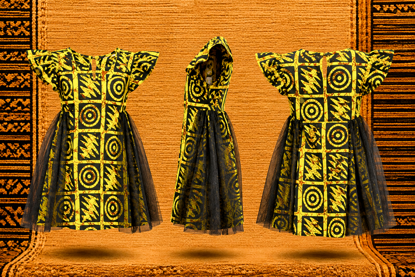 Girls’ Yellow & Black African Print Tulle Dress