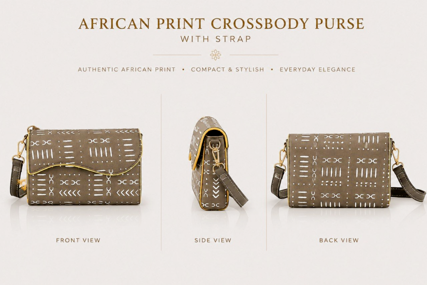 African Print Crossbody Purse with Strap – Taupe Mudcloth-Inspired Design