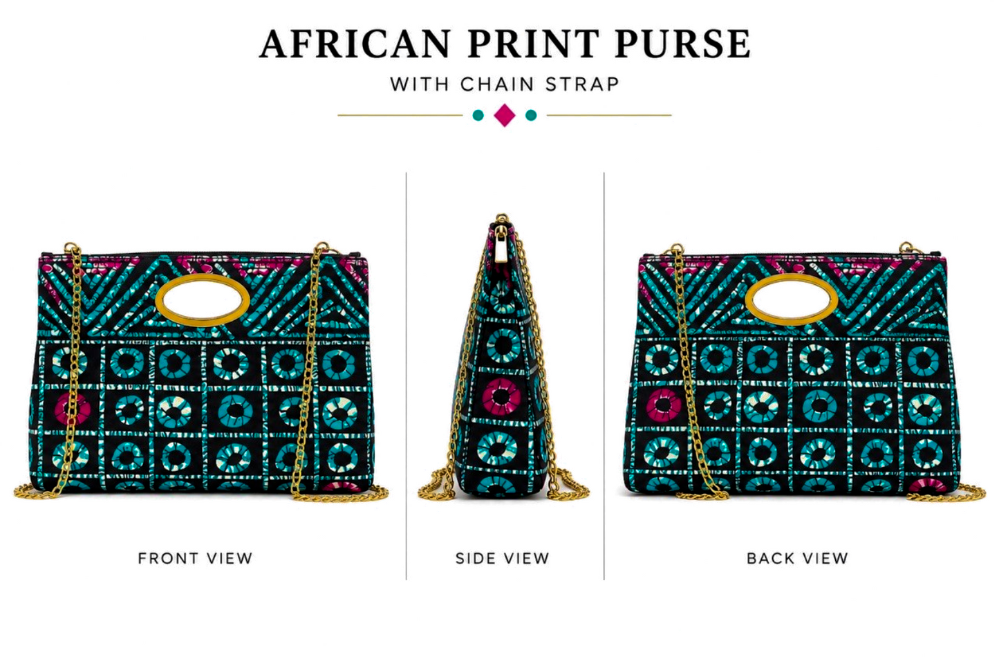 African Print Purse with Gold Chain Strap – Turquoise, Black & Pink