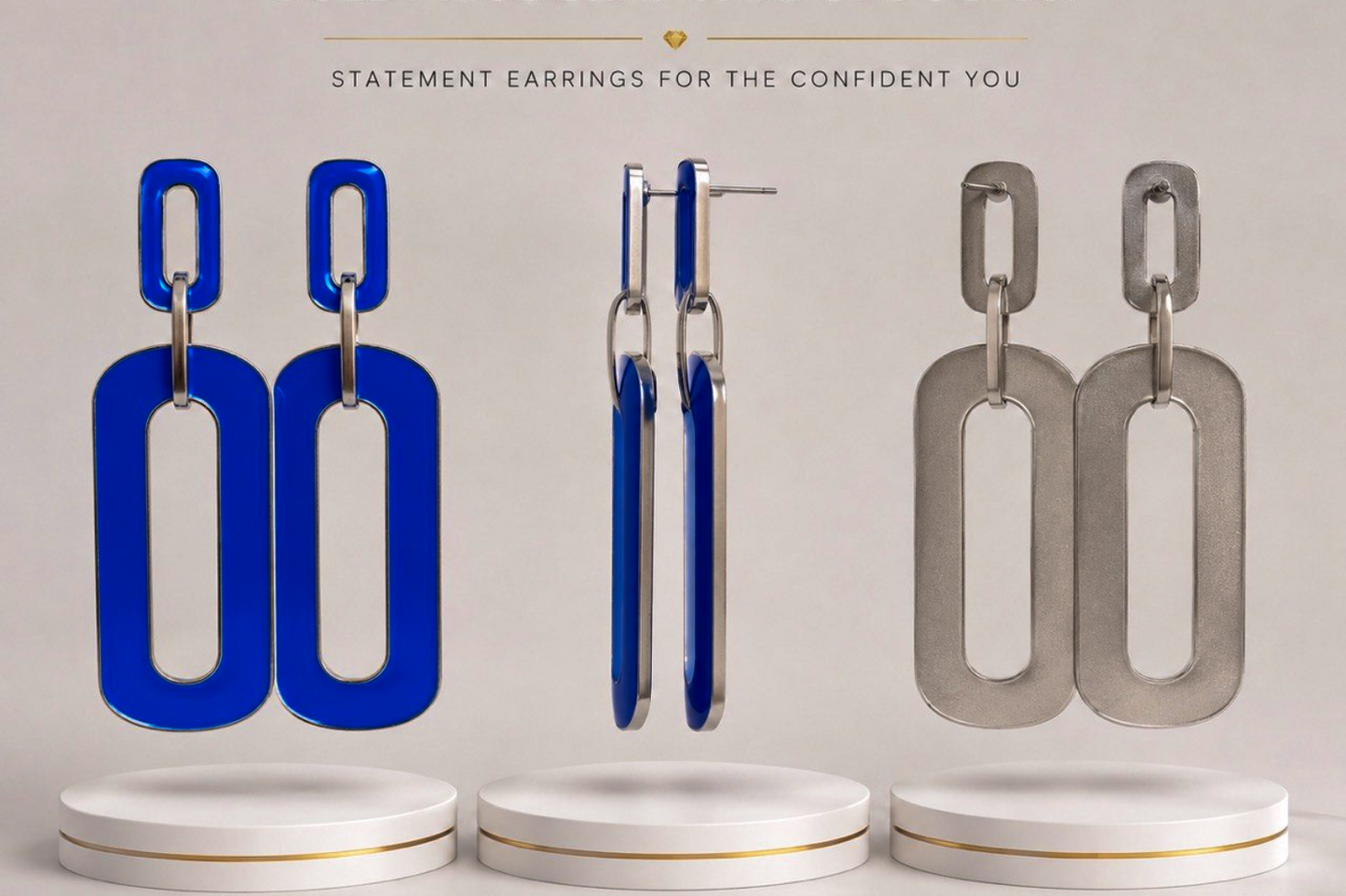 Blue & Silver Geometric Statement Drop Earrings