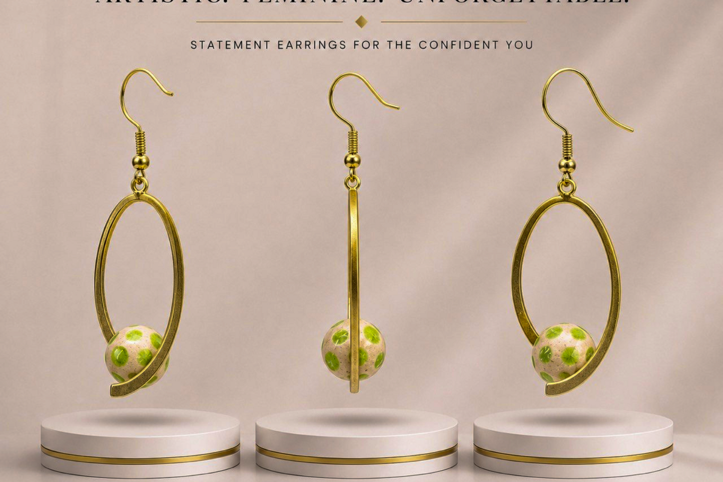 Gold Oval Drop Earrings with Green Accent Bead