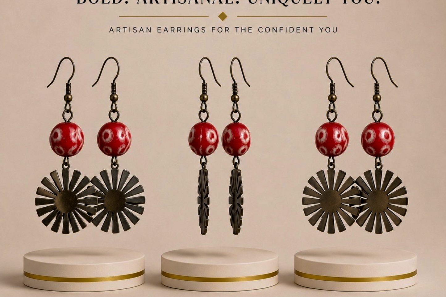 Red Beaded Sunburst Artisan Drop Earrings