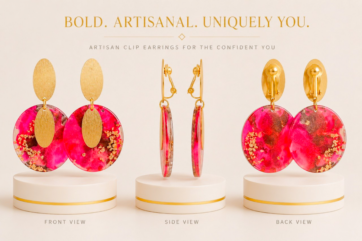 Pink & Gold Artisan Statement Clip-On Earrings