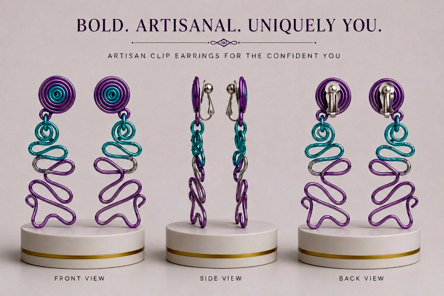 Purple & Turquoise Sculptural Wire Clip-On Earrings