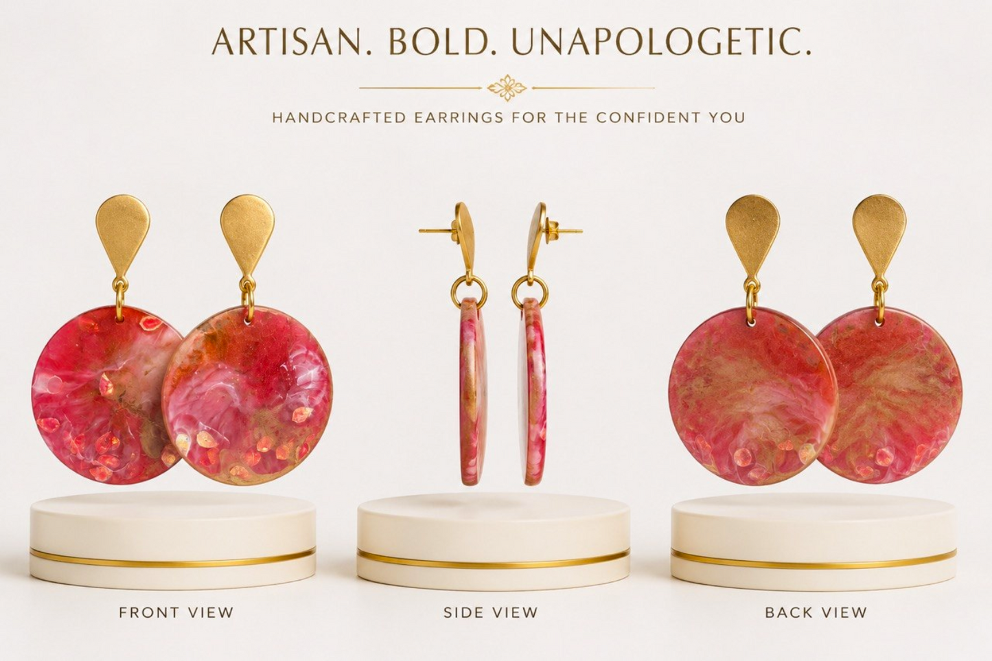 Pink & Gold Artisan Round Statement Earrings