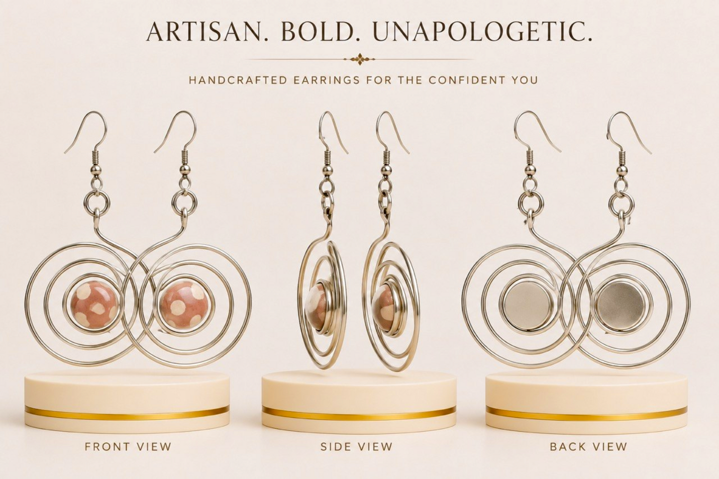 Silver Spiral Statement Earrings with Blush Accent Beads