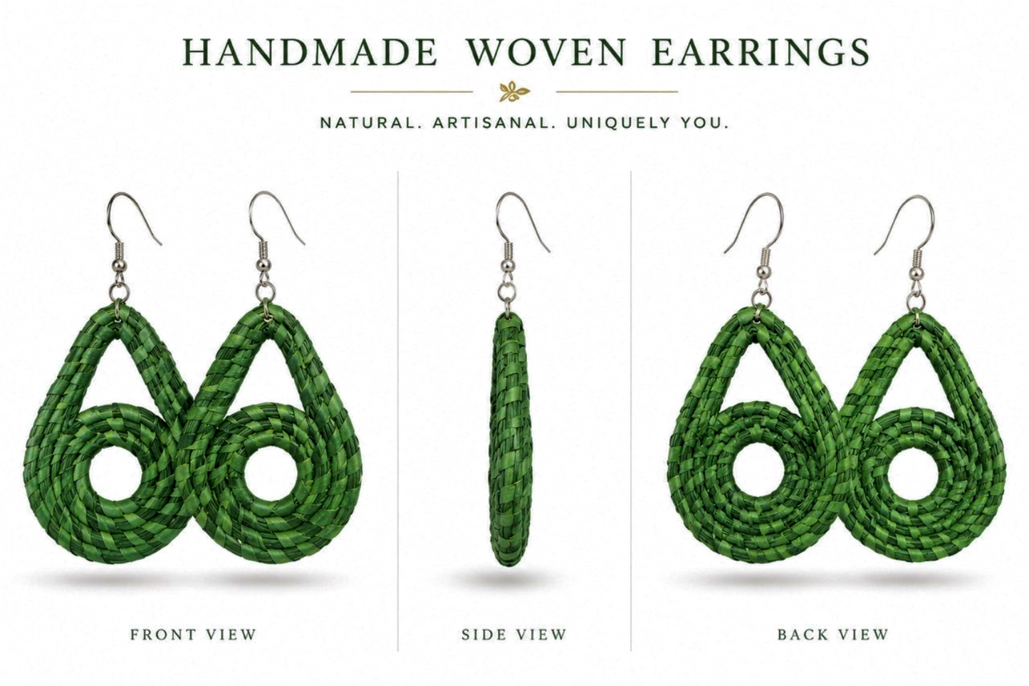 Handmade Green Woven Teardrop Statement Earrings