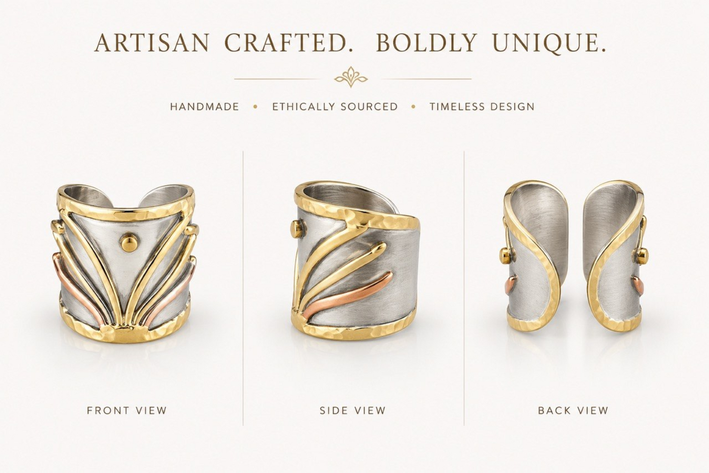 Mixed-Metal Artisan Statement Ring – Silver, Gold & Copper Leaf Design
