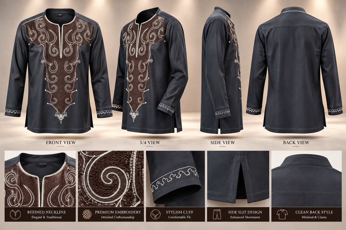 Men's charcoal gray African dashiki shirt with brown ornamental embroidery
