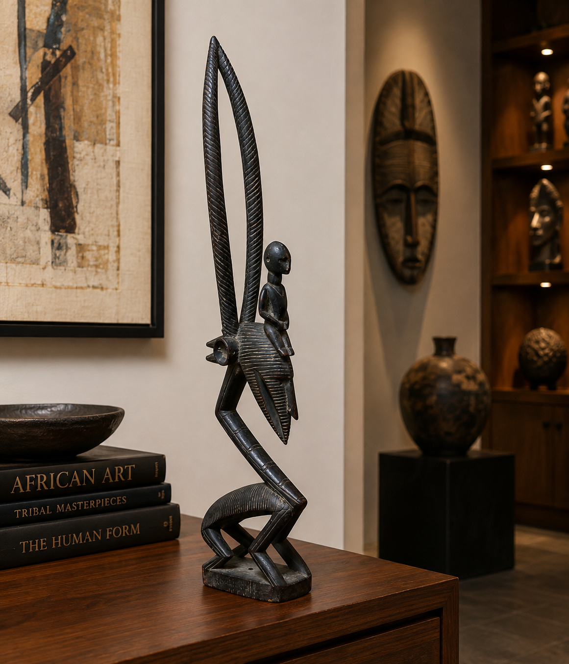 Hand-Carved African Antelope Rider Sculpture