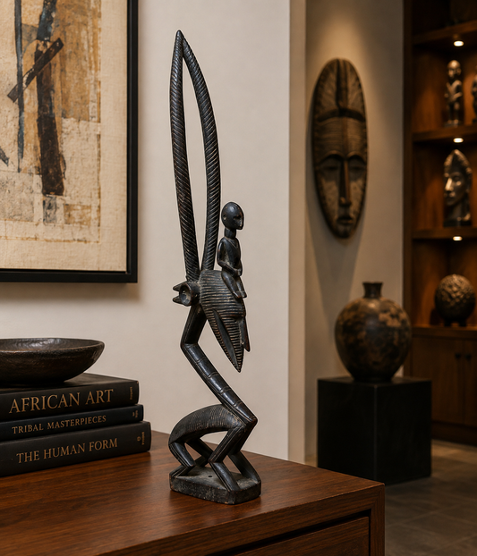 Hand-Carved African Antelope Rider Sculpture