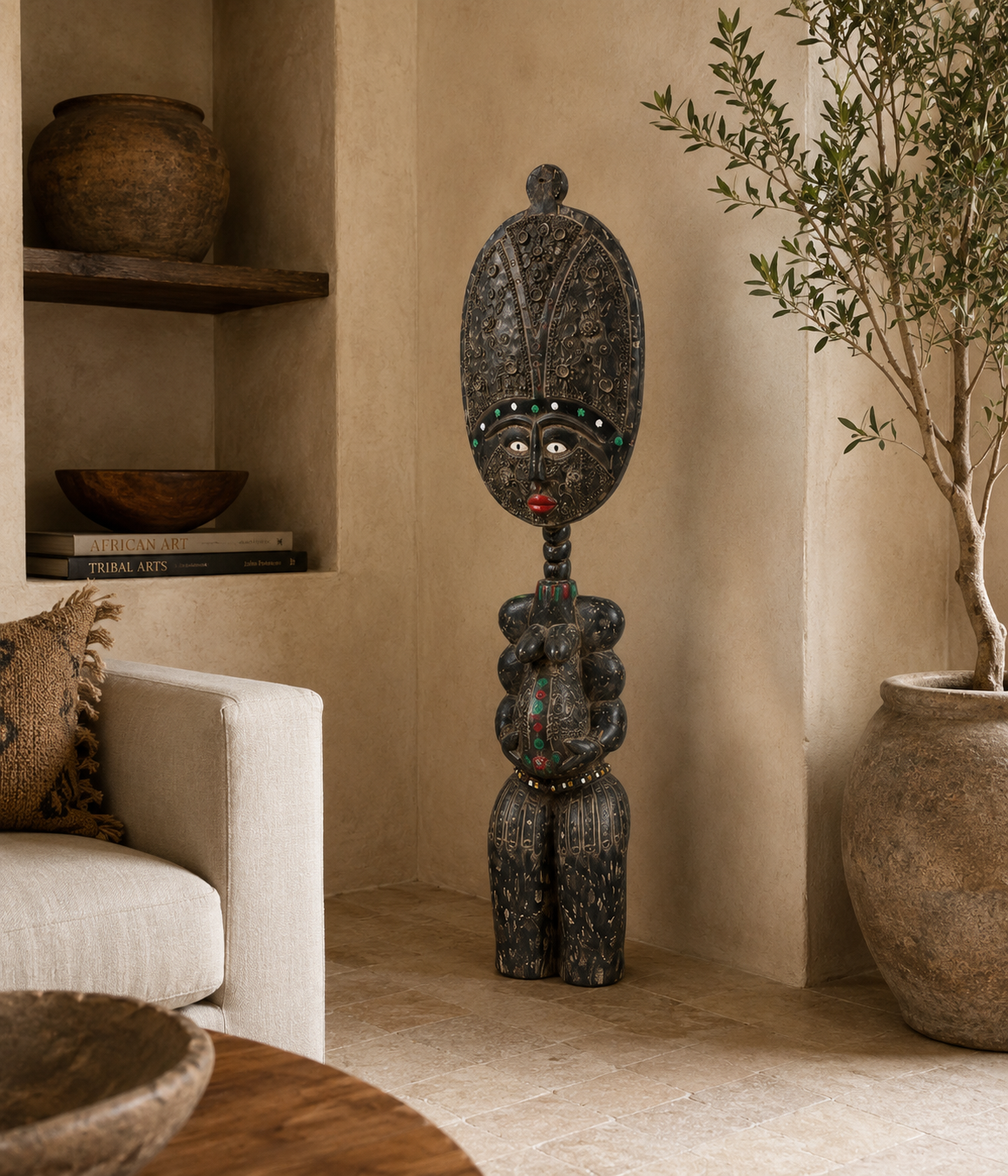 Hand-Carved African Female Figure Sculpture