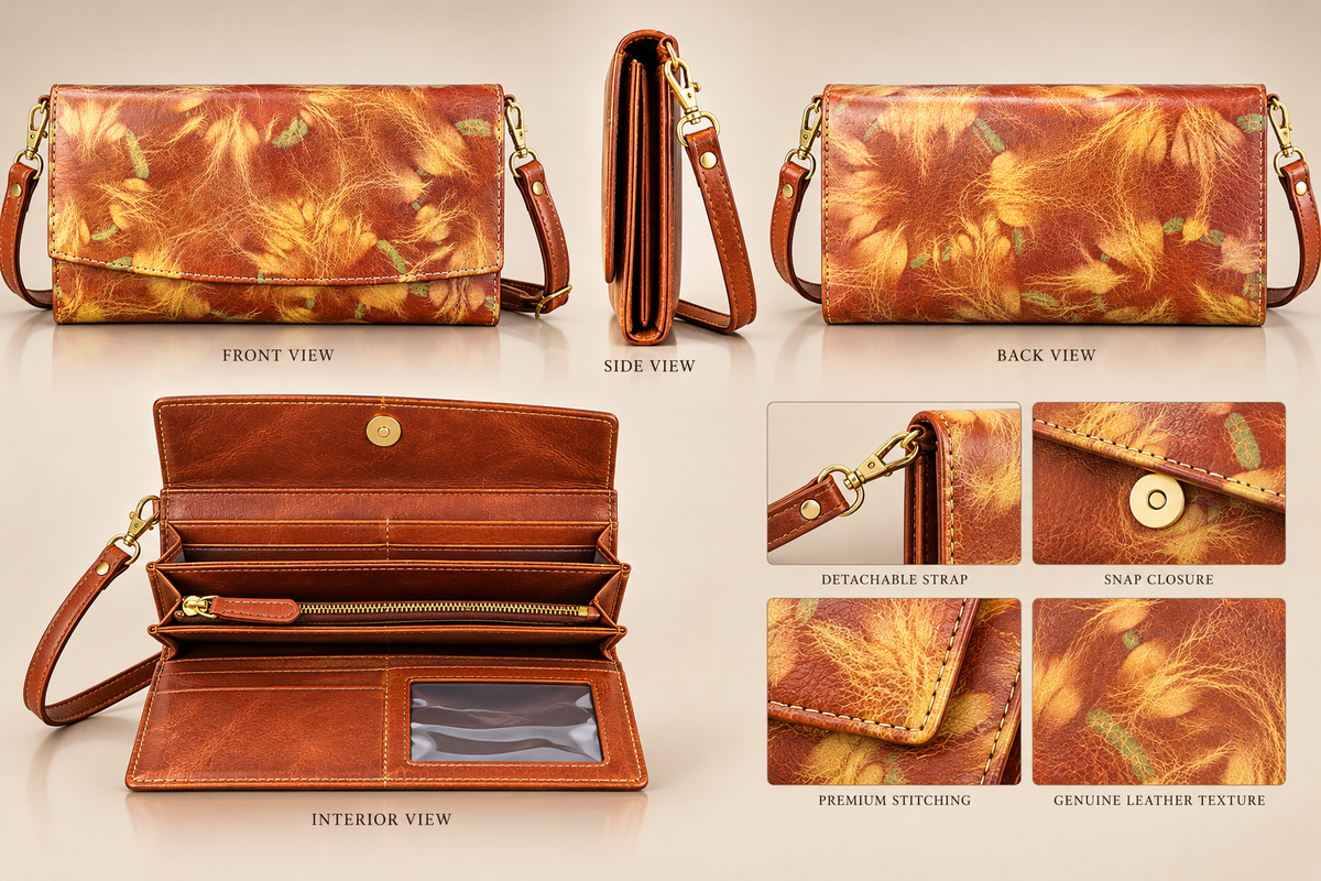 Women's Genuine Leather Crossbody Wallet with detachable strap