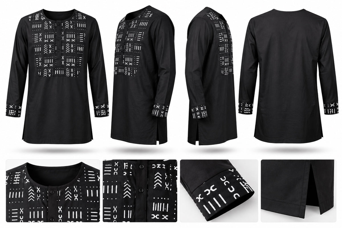 Men's black African dashiki tunic with white geometric print