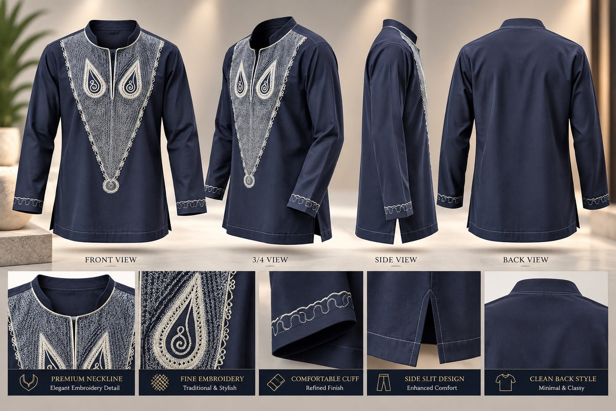 Men's navy blue African dashiki tunic with silver teardrop embroidery