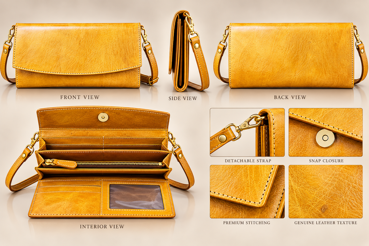 Women's Genuine Leather Crossbody Wallet with detachable strap