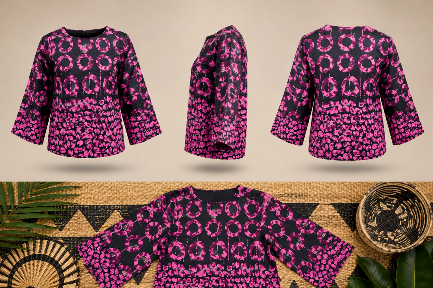 Women’s Pink & Black African Print Bell-Sleeve Top