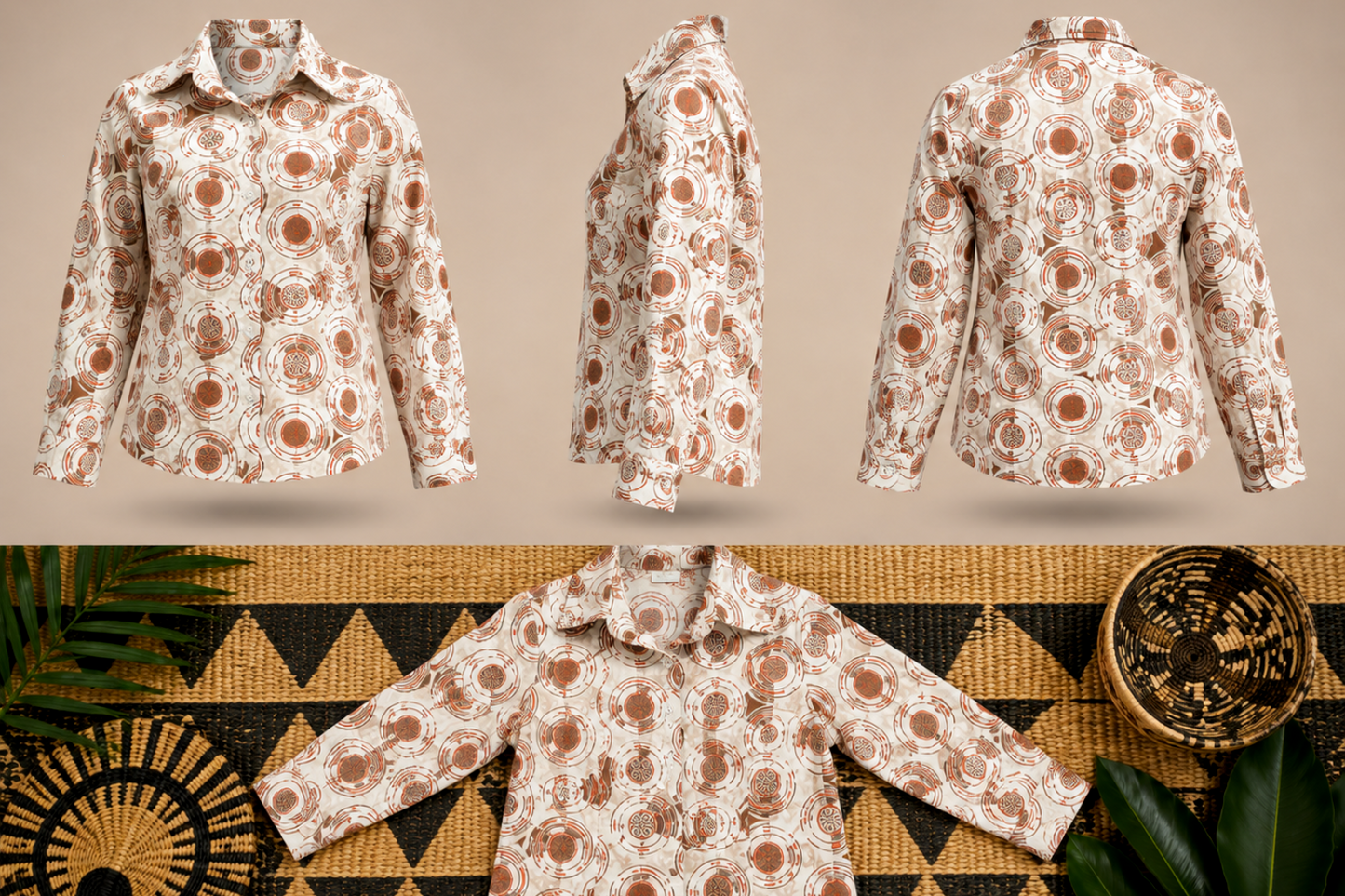 Women’s Cream & Rust African Print Long-Sleeve Shirt