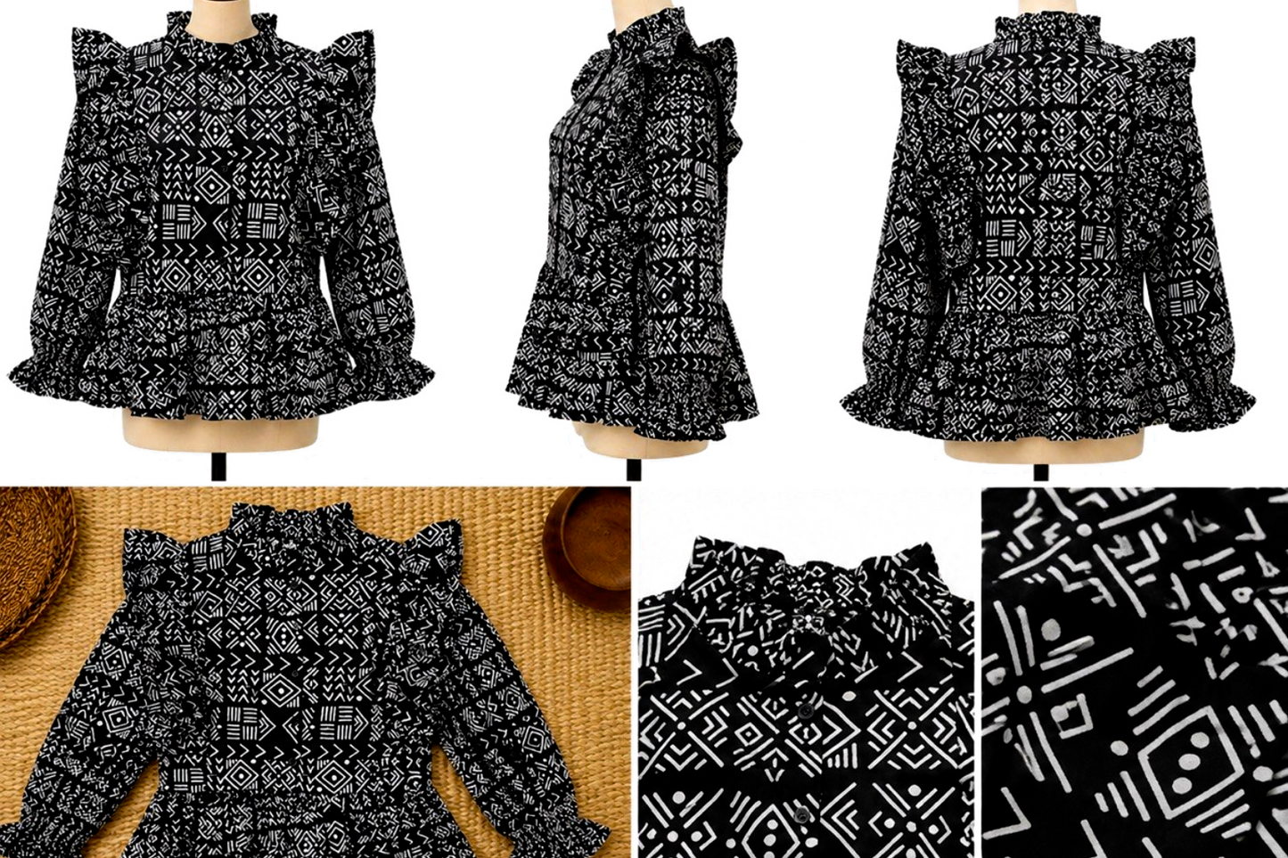 Women’s Black & White African Print Ruffle Blouse