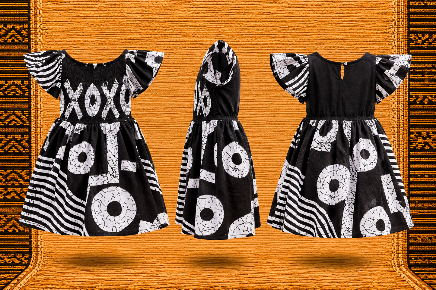 Girls’ Black &amp; White African Print Flutter-Sleeve Dress