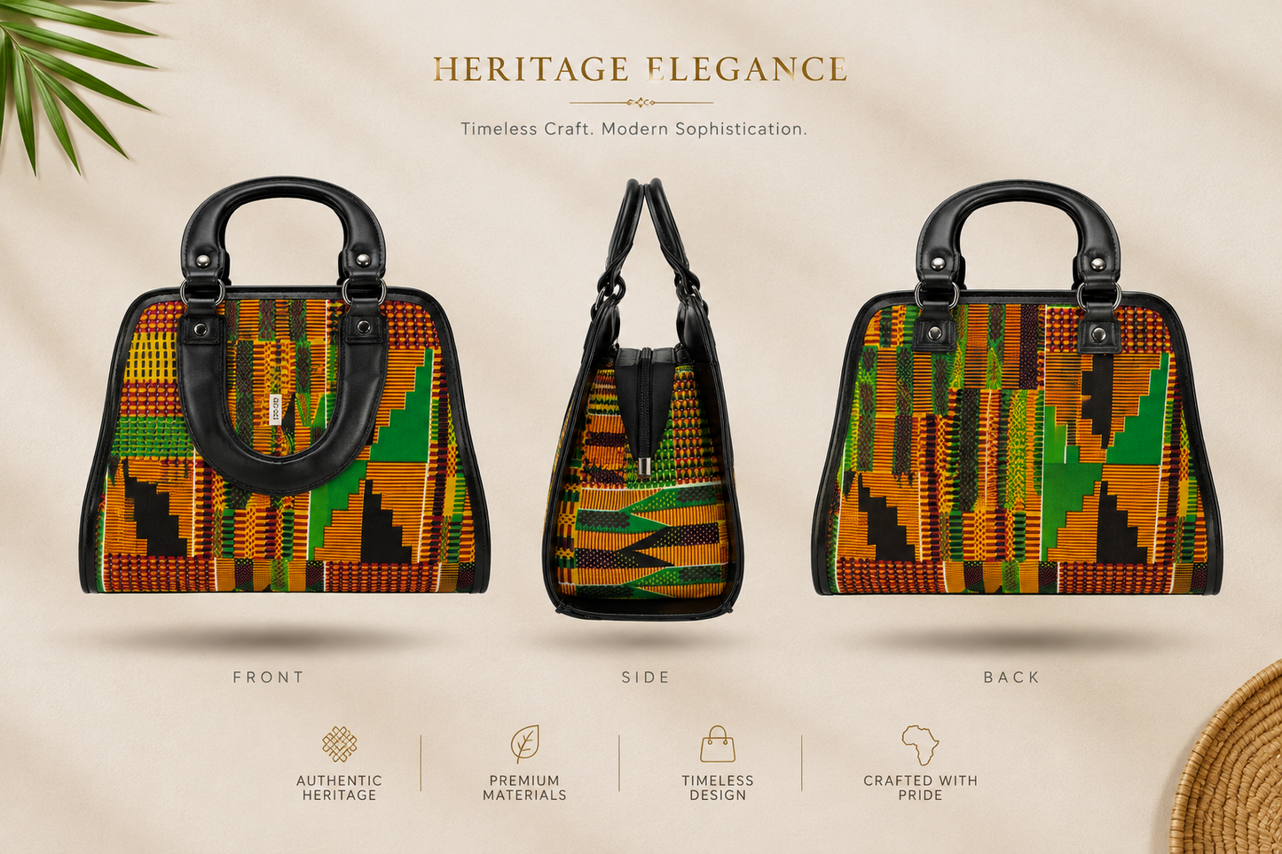 Kente Structured Handbag – Green, Gold & Black Heritage Design