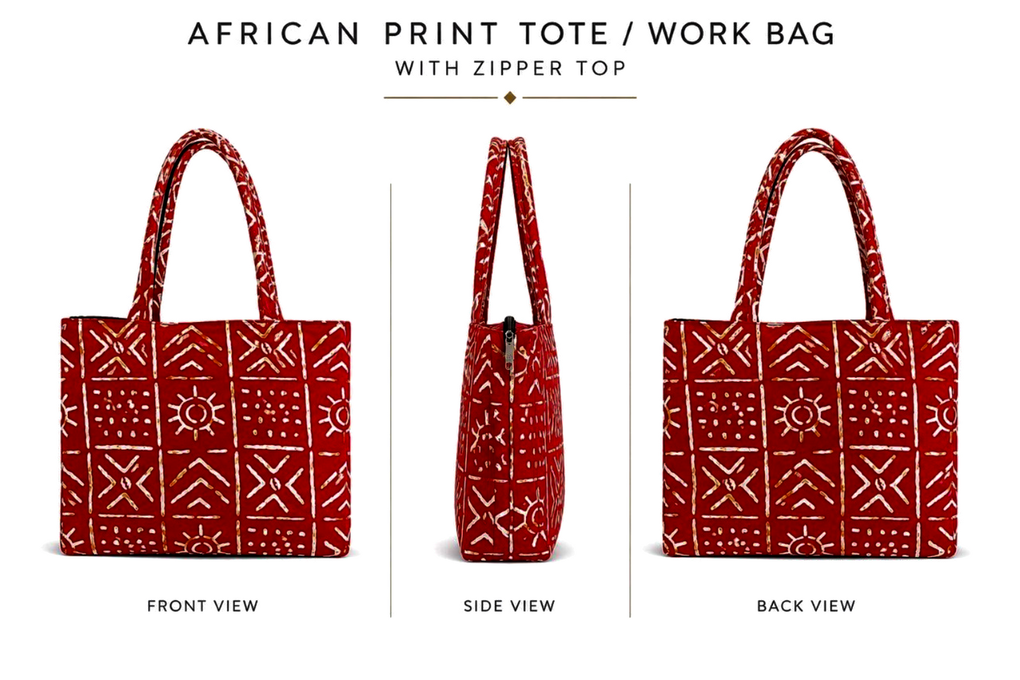 African Print Tote / Work Bag with Zipper Top – Red Mudcloth-Inspired Design