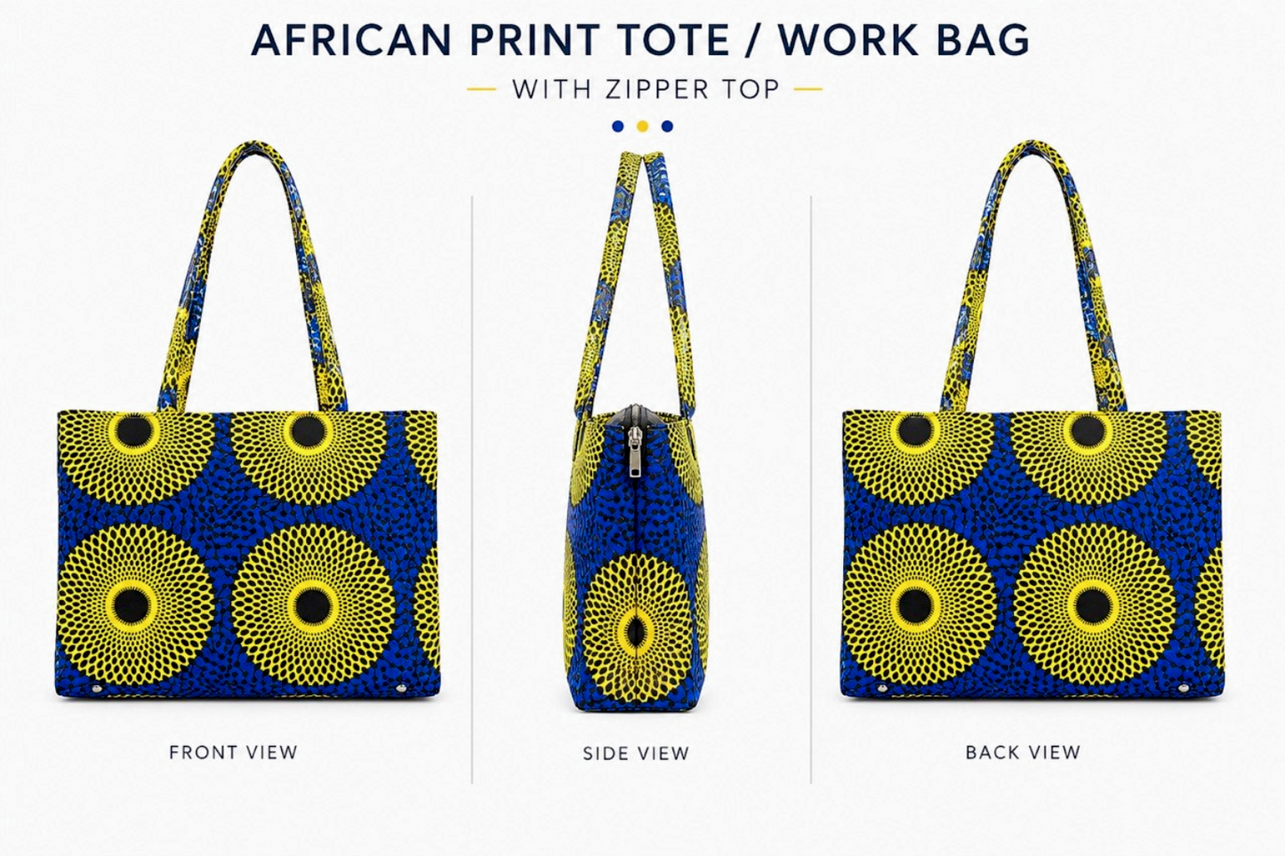 African Print Tote / Work Bag with Zipper Top – Royal Blue & Yellow