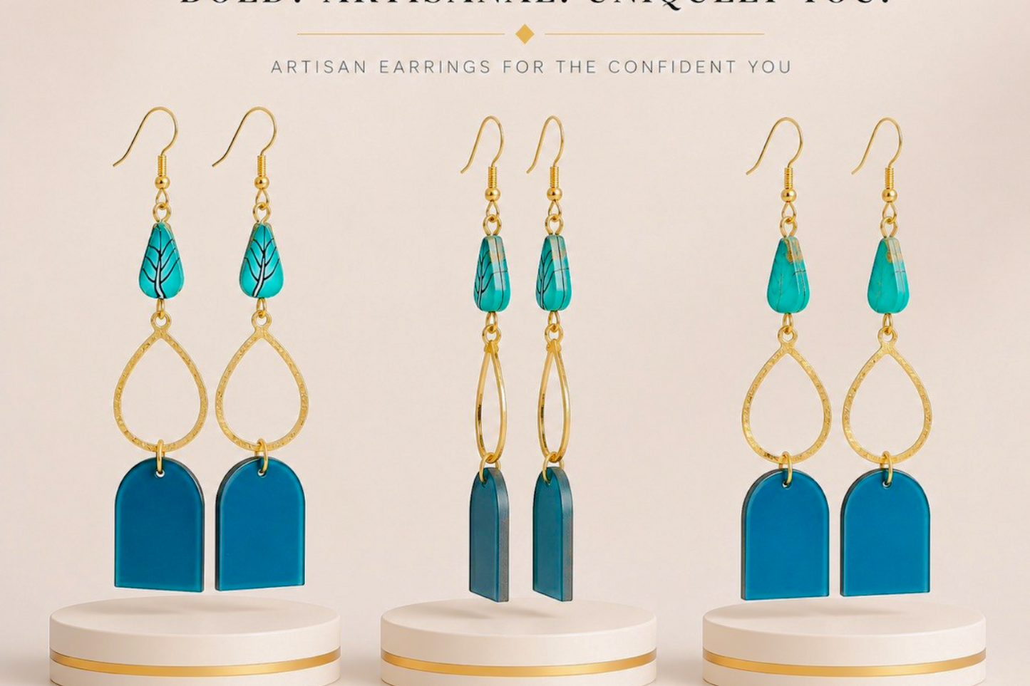 Turquoise & Gold Geometric Artisan Drop Earrings