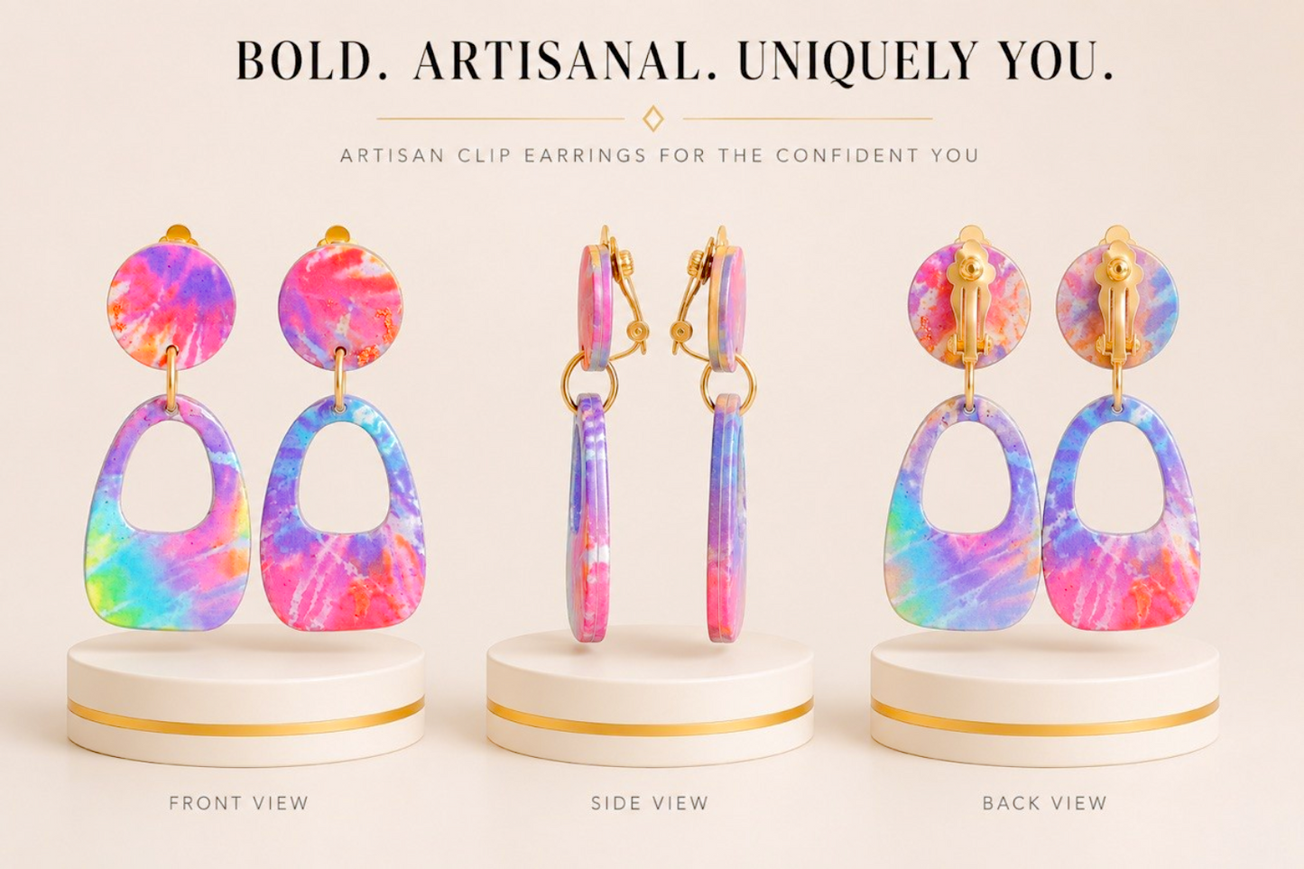 Multicolor Abstract Geometric Clip-On Drop Earrings