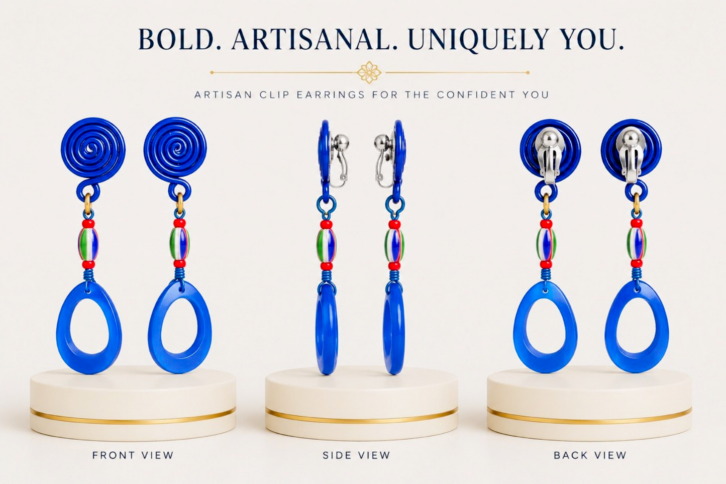 Cobalt Blue Spiral & Beaded Clip-On Drop Earrings