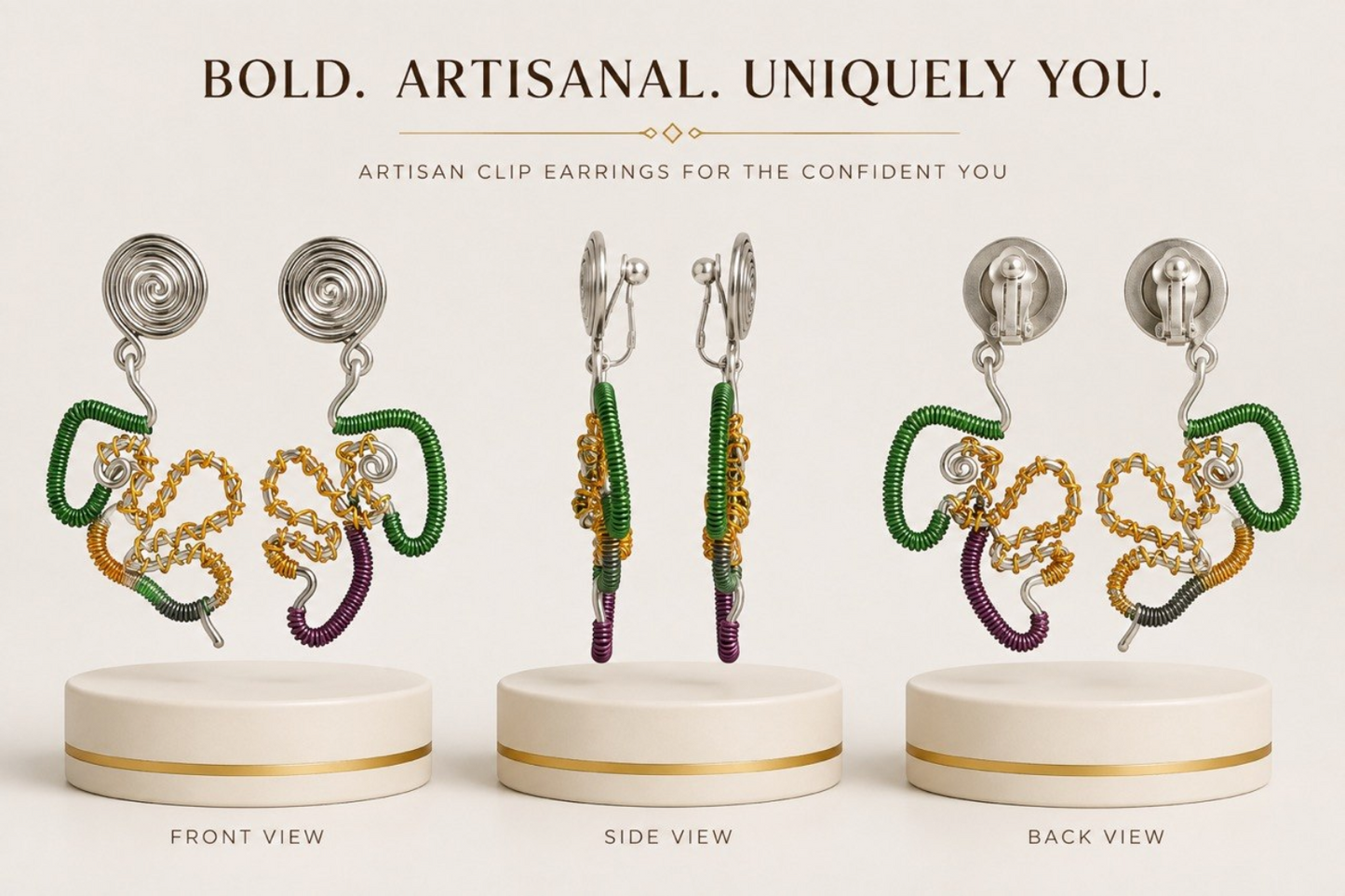 Multicolor Sculptural Wire Art Clip-On Earrings