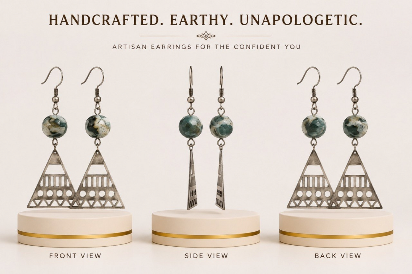 Green Stone & Silver Geometric Triangle Drop Earrings