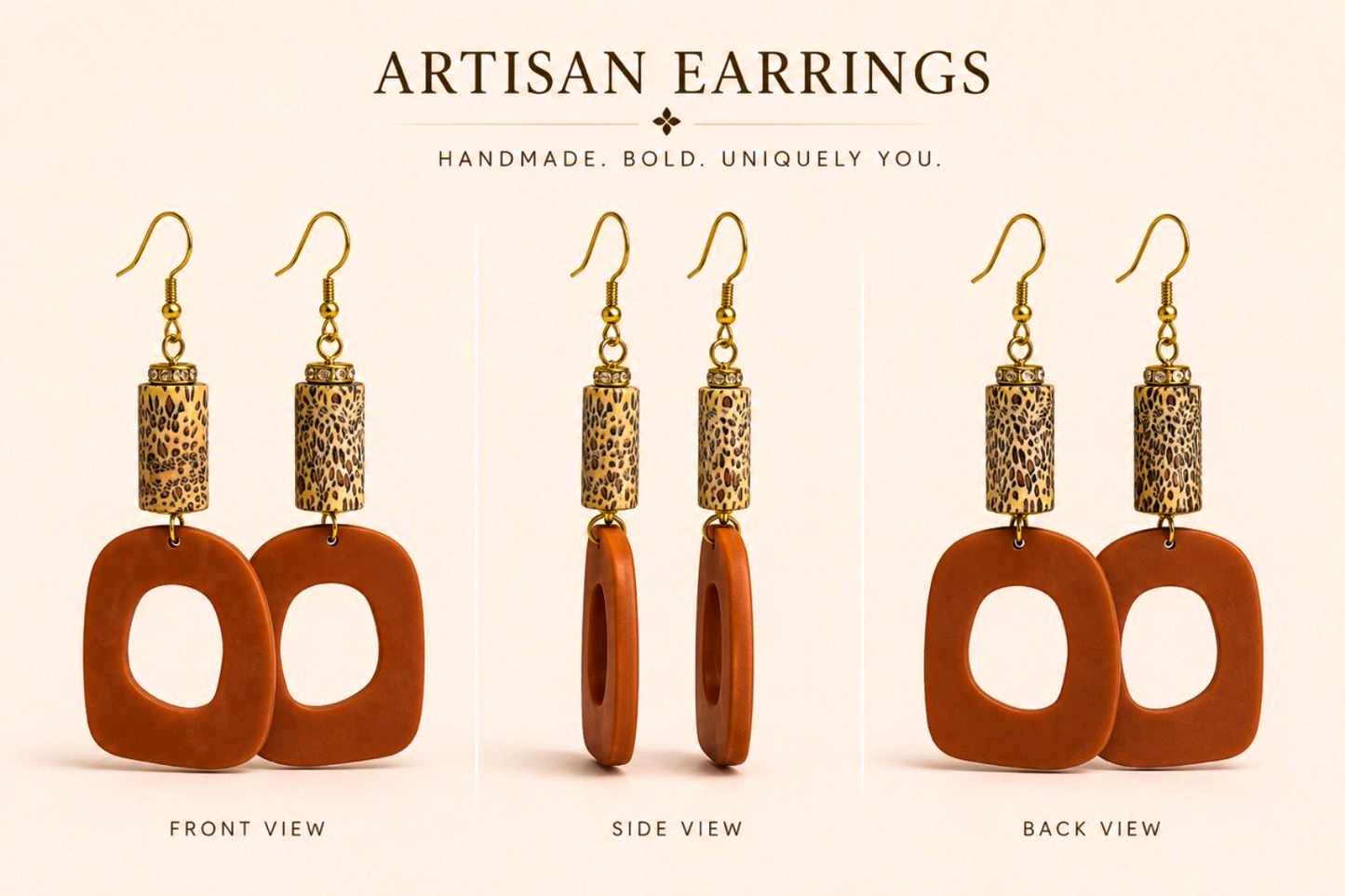 Brown Geometric Artisan Drop Earrings with Animal-Print Accents