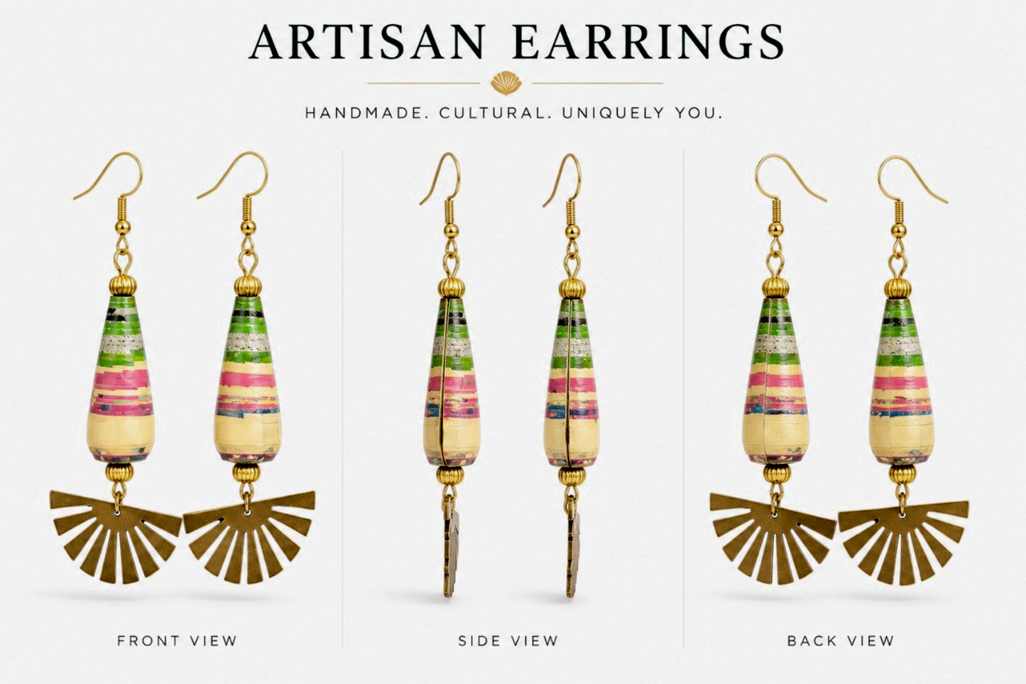 Multicolor Teardrop & Gold Fan Artisan Earrings