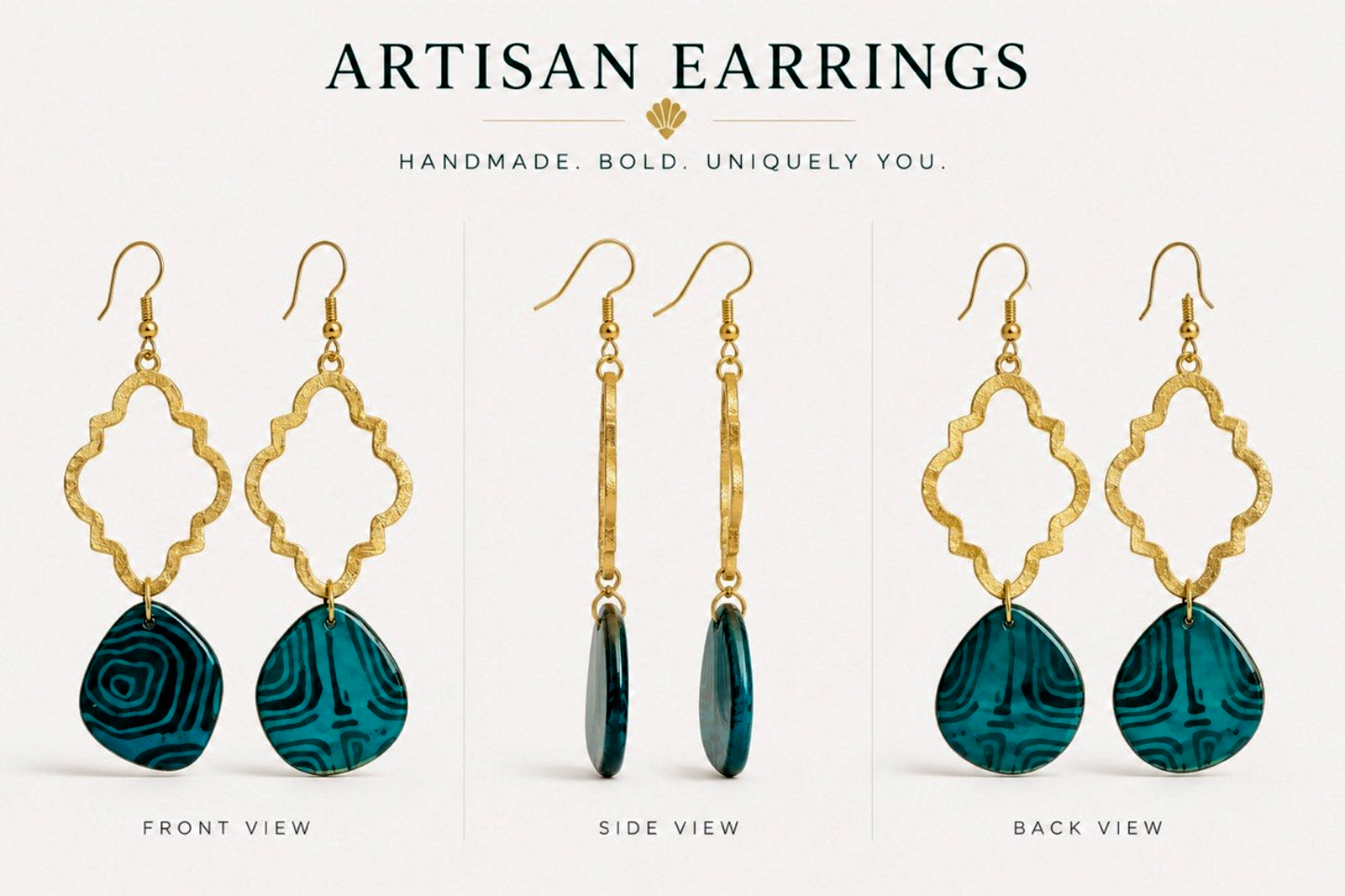Teal & Gold Geometric Artisan Drop Earrings