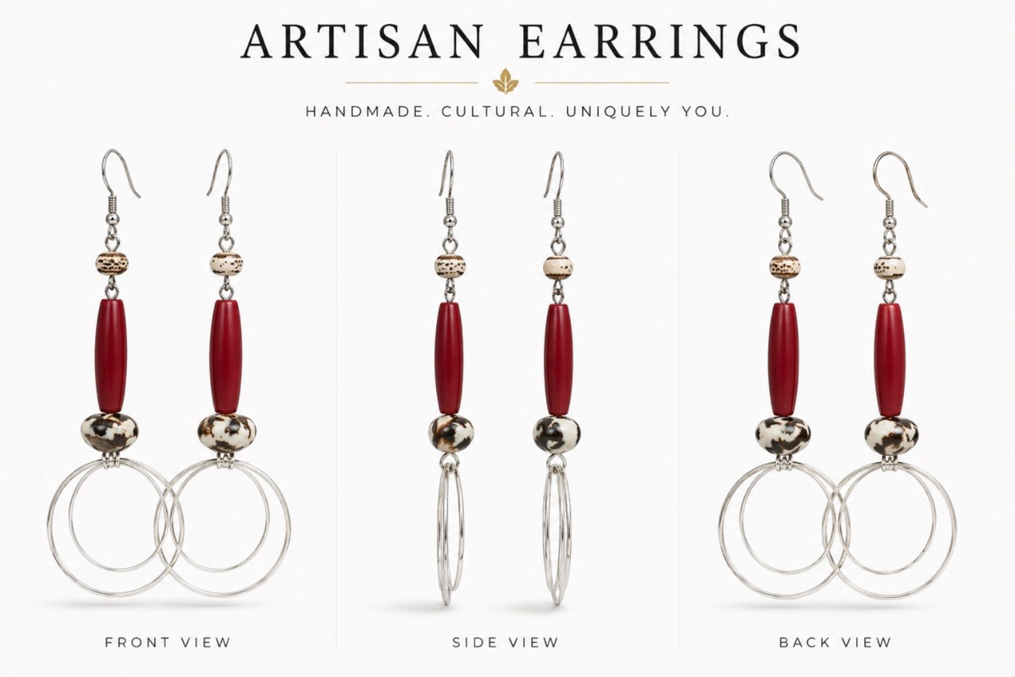 Red Beaded Double-Hoop Artisan Drop Earrings