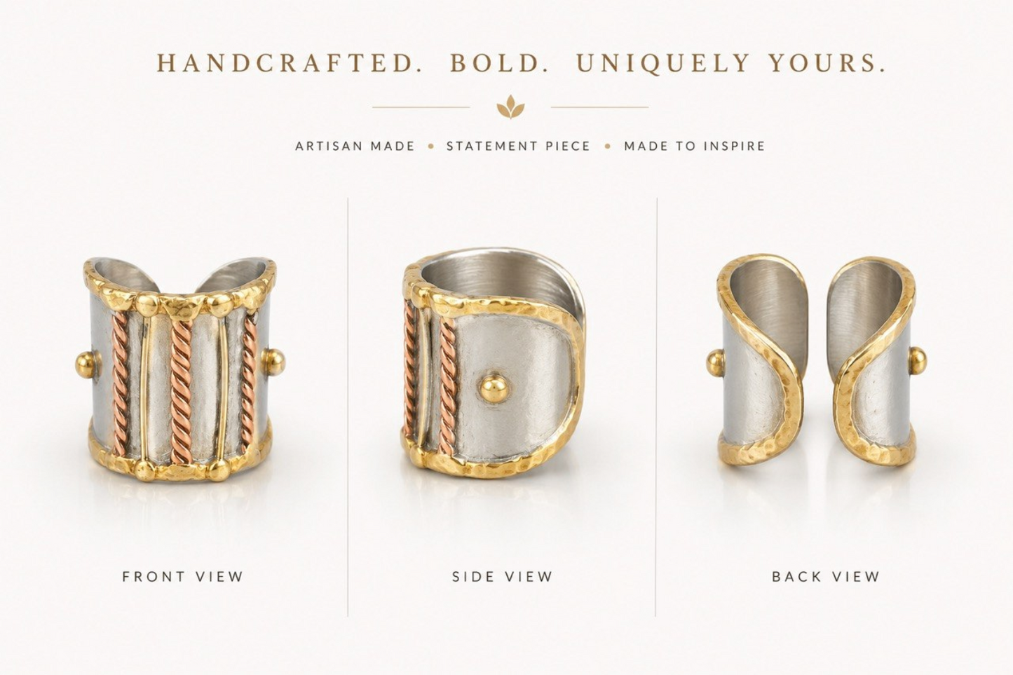 Mixed-Metal Artisan Statement Ring – Silver, Gold & Copper Tone