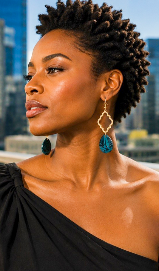 Teal & Gold Geometric Artisan Drop Earrings
