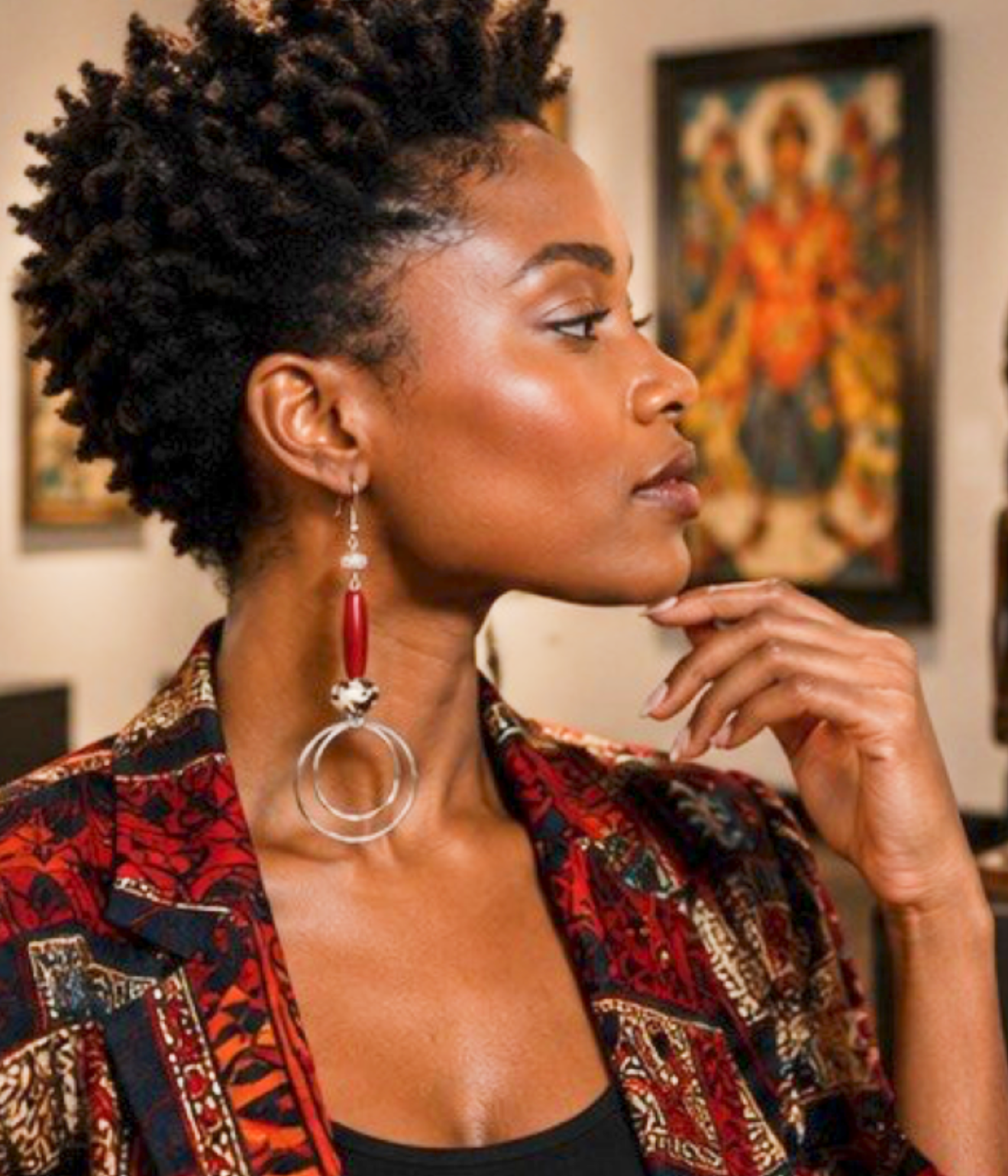 Red Beaded Double-Hoop Artisan Drop Earrings