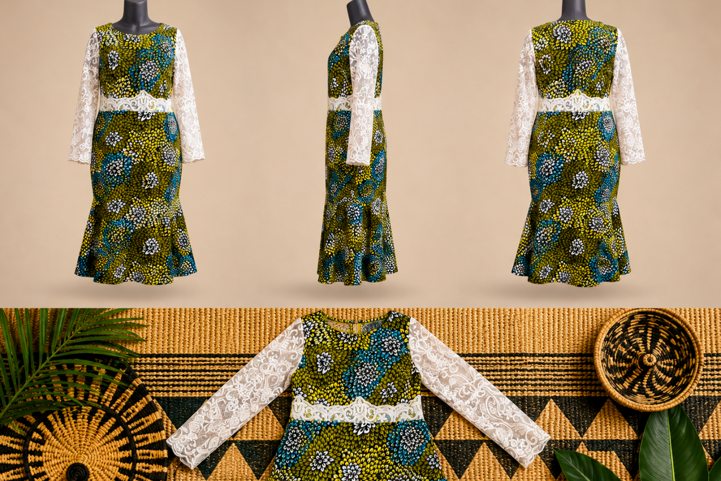 Women’s African Print Lace-Sleeve Midi Dress
