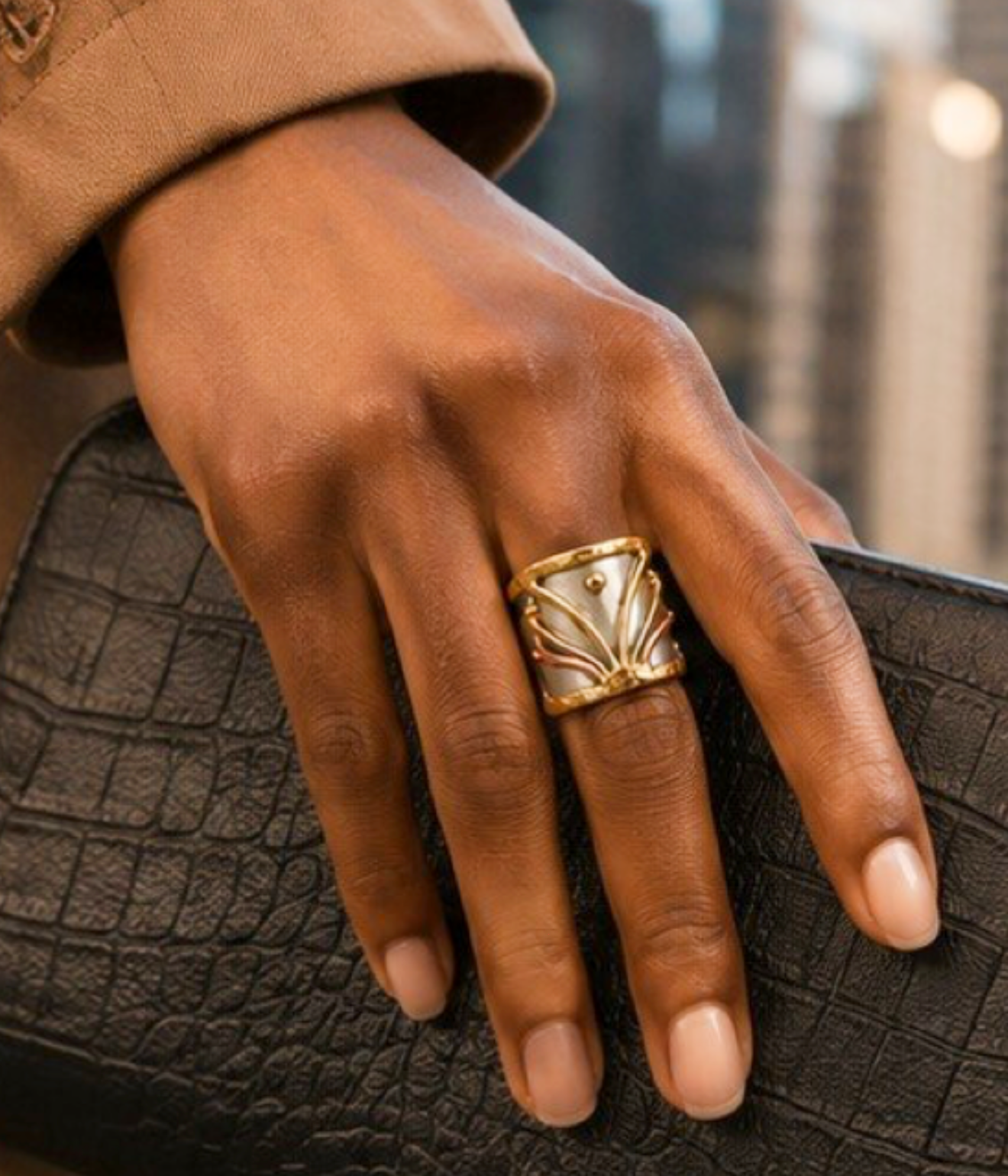 Mixed-Metal Artisan Statement Ring – Silver, Gold & Copper Leaf Design