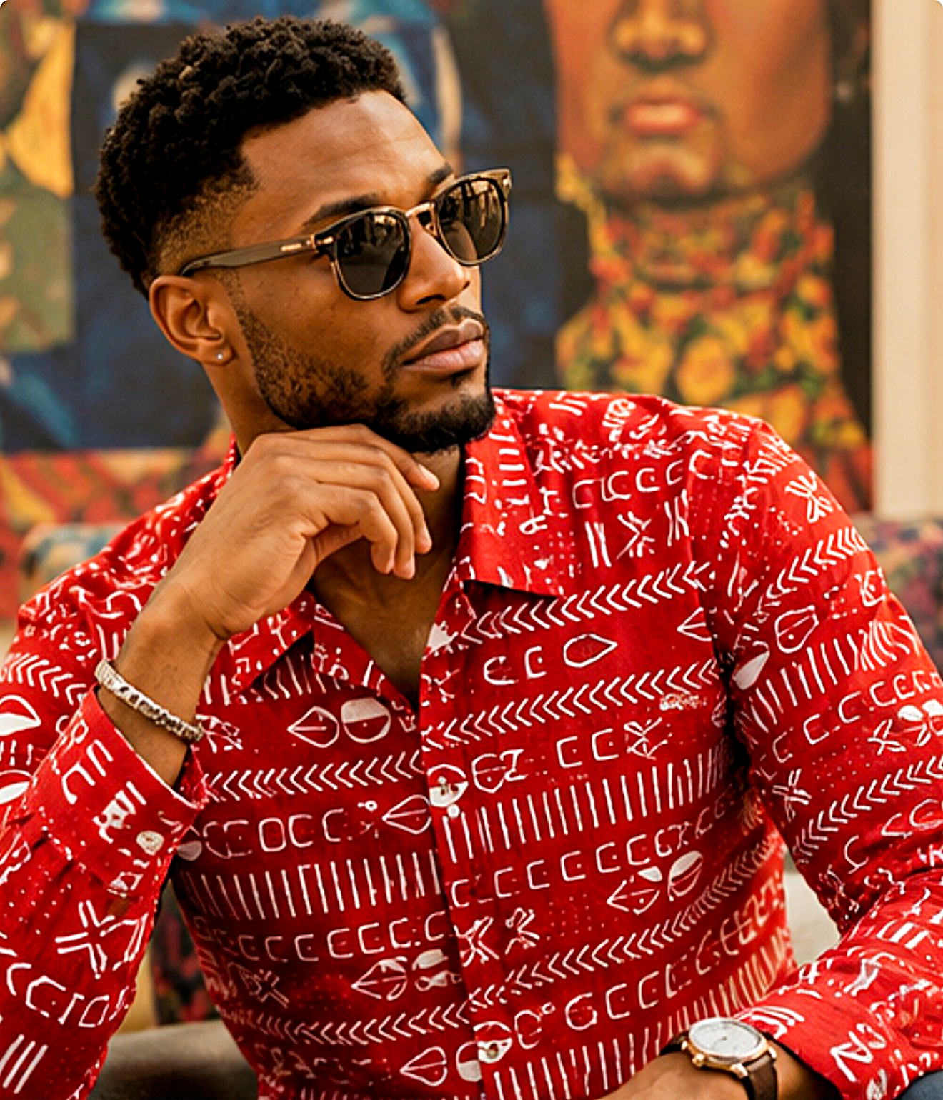 African Mud Cloth Print Long-Sleeve Shirt