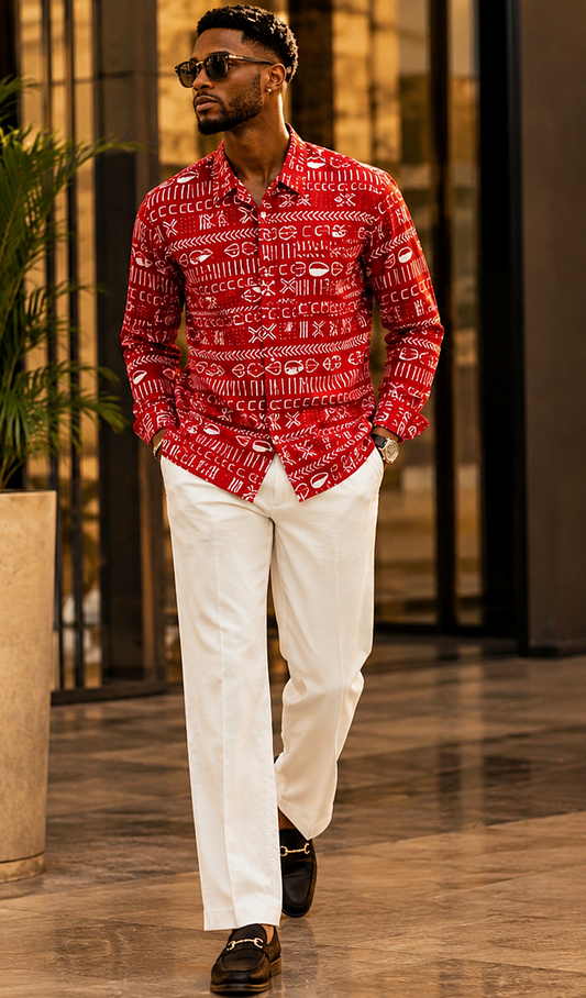 African Mud Cloth Print Long-Sleeve Shirt