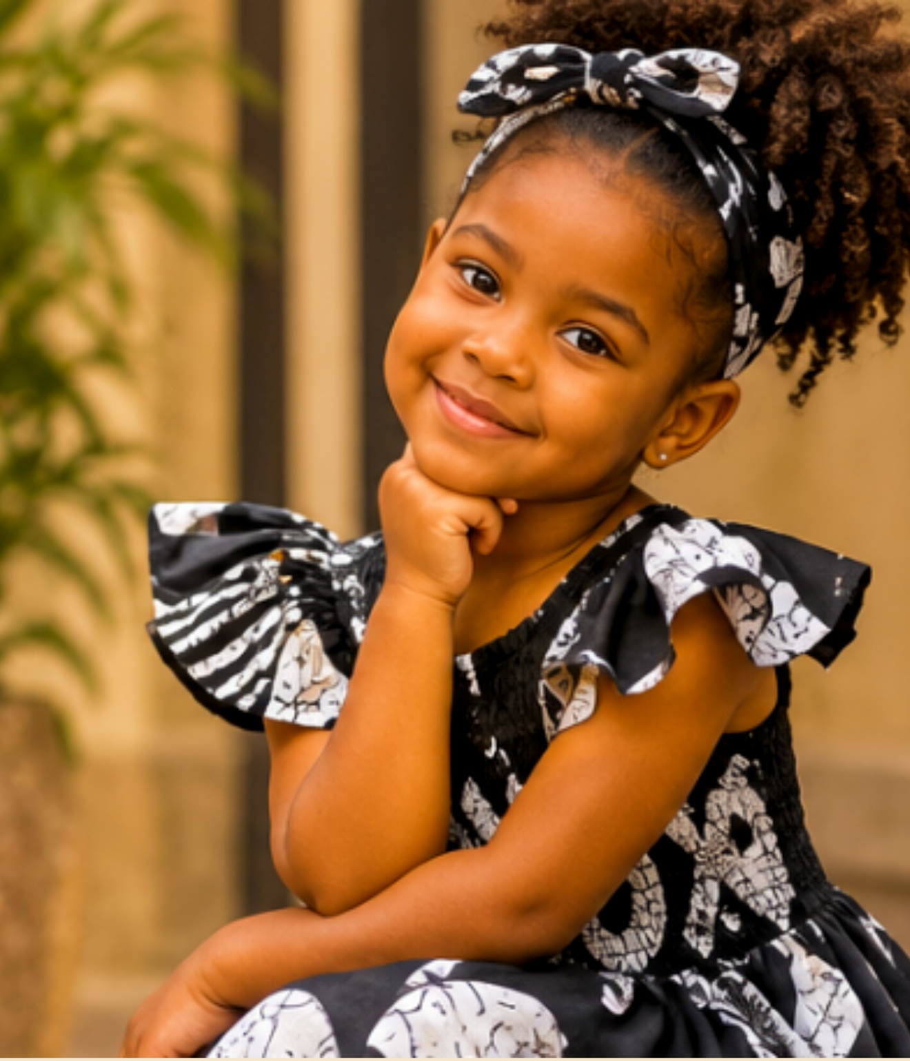 Girls’ Black &amp; White African Print Flutter-Sleeve Dress