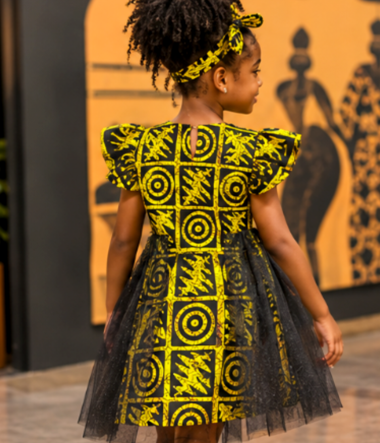 Girls’ Yellow &amp; Black African Print Tulle Dress