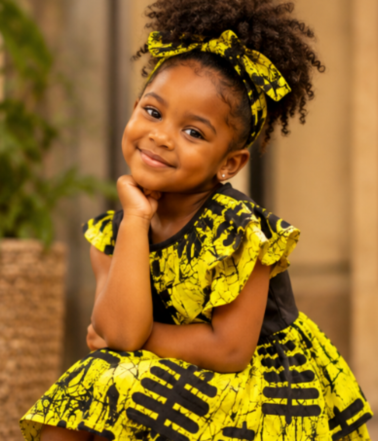 Girls’ Yellow &amp; Black African Print Tulle Dress