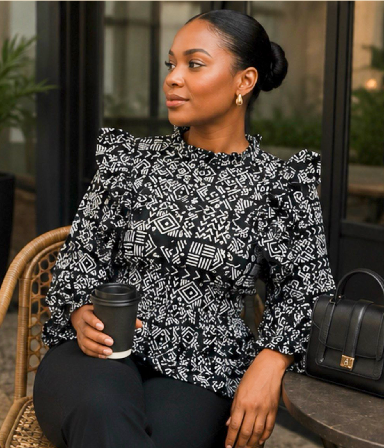 Women’s Black & White African Print Ruffle Blouse