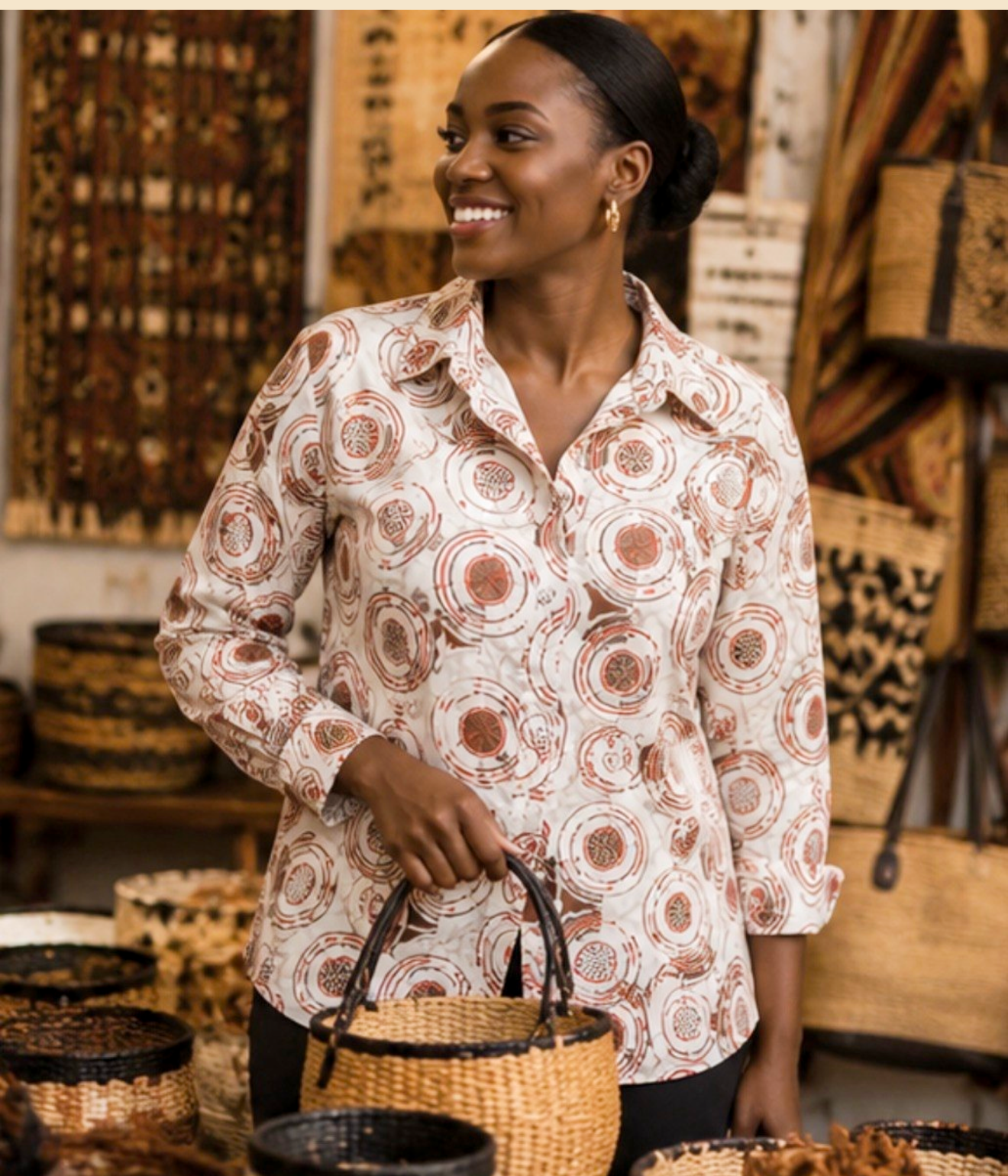 Women’s Cream & Rust African Print Long-Sleeve Shirt