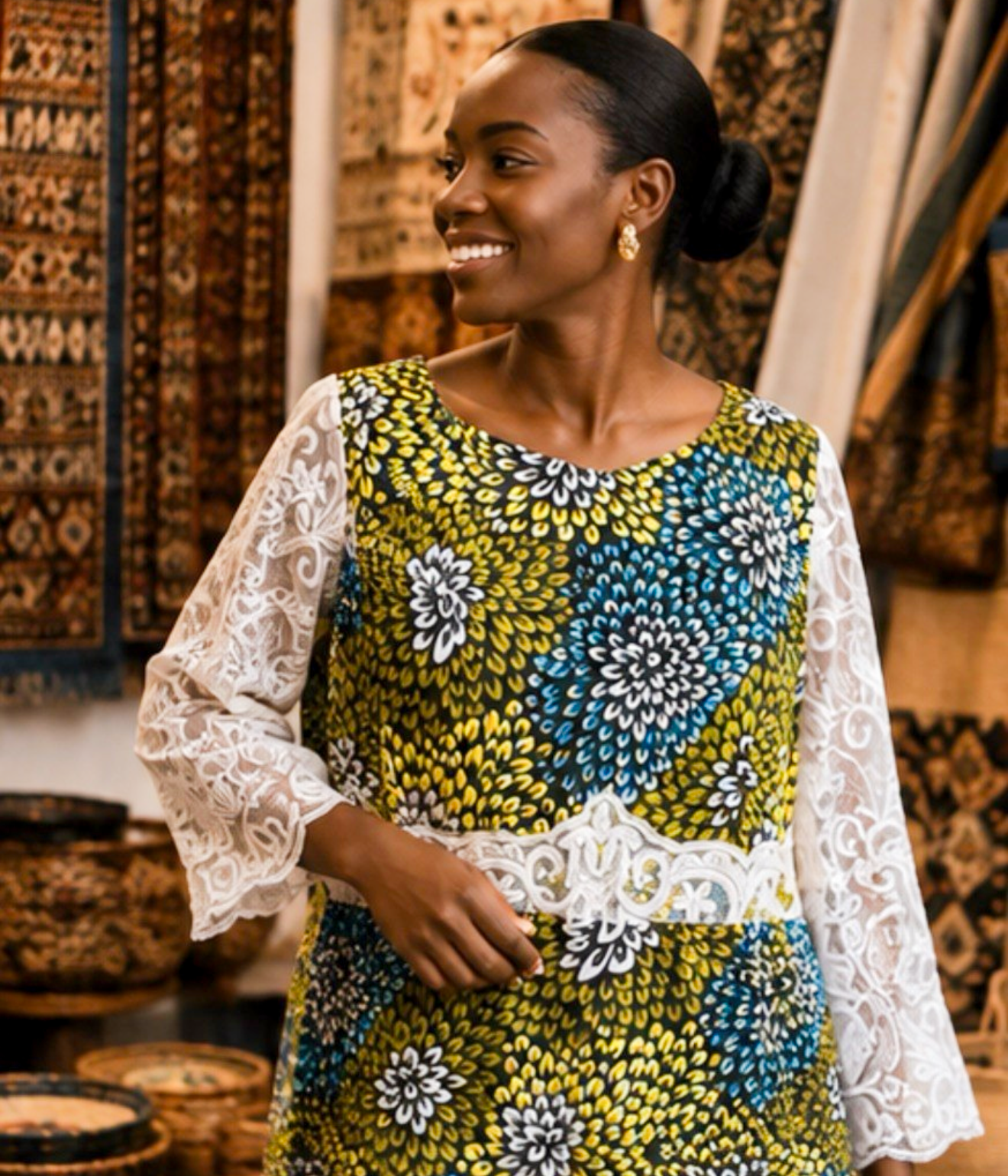 Women’s African Print Lace-Sleeve Midi Dress